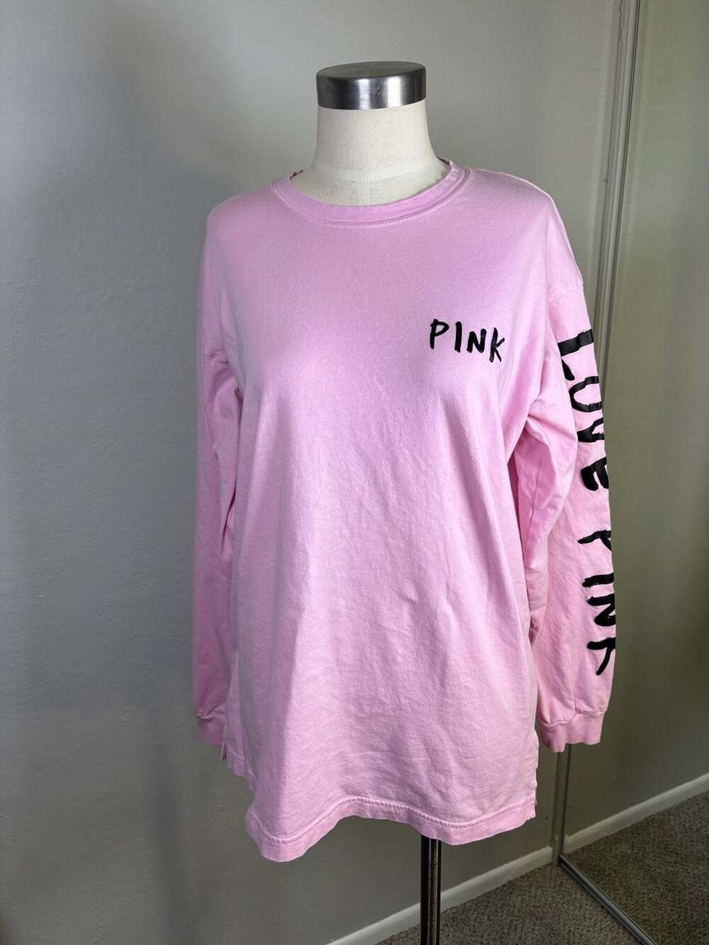 Victoria's Secret PINK Long Sleeve Campus Tee Shirt Pink Black Logo Size L